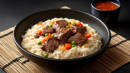 Beef and vegetable stir-fry over rice in a dark bowl