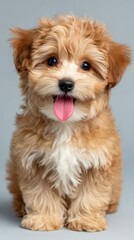 Cute Baby Poodle Puppy with Big Eyes and Tongue Out on Blue Background