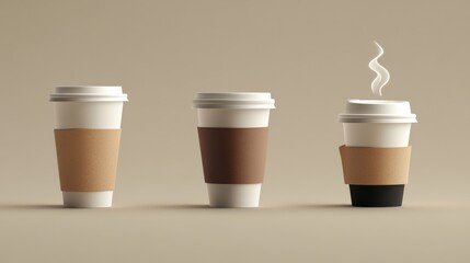 102.A minimalist 3D set of coffee-related icons, including a steaming coffee cup, a coffee bean, and a takeaway coffee mug. The icons are rendered with clean details, perfect for incorporating into