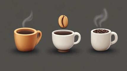 104.A 3D-rendered set of coffee icons, showcasing a cup, a bean, and a steaming mug. The icons are simple yet elegant, perfect for use in branding, mobile apps, or any digital design project related