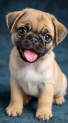 Cute Baby Pug Puppy with Big Eyes and Tongue Out on Blue Background