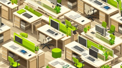 An isometric view of a modern office workspace.