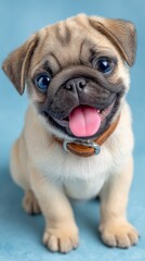 Cute Baby Pug Puppy with Big Eyes and Tongue Out on Blue Background