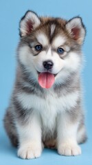 Cute Baby Siberian Husky with Big Eyes and Tongue Out on Blue Background