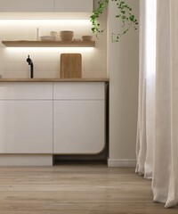 Brown wooden parquet floor in modern, minimal cream kitchen with white cabinet counter wooden top,...