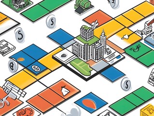 Monopoly board game featuring icons representing taxes, wages, investment, and government policies.