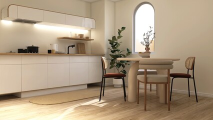 Modern, minimal cream kitchen and dining room with white cabinet counter wooden top, beige round...