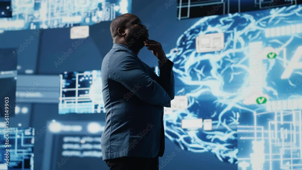 Poster african american businessman studying digital ai brain interface, symbolizing neural networks, data 