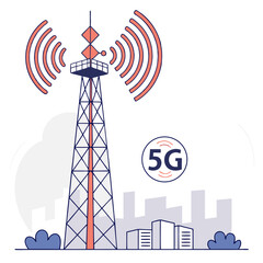 Illustration of a cellular tower emitting signals with 5g symbol and city skyline in the background view