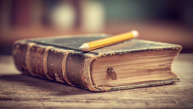 Aged book and pencil on weathered wood
