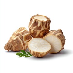 Fresh Salsify Roots with Sliced Cross Section and Green Top Leaves