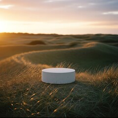 Concrete platform on grass dune sunset scene