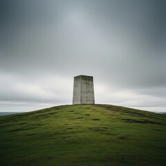 Concrete tower on green hill under gray sky