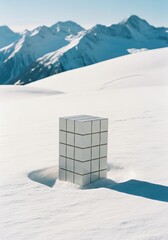 Cube on snow mountain landscape