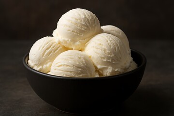 Creamy vanilla ice cream scoops piled high in a dark bowl