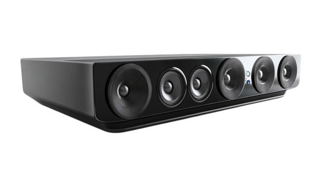 • A luxury wireless home theater system with surround sound, isolated on white background in HD 