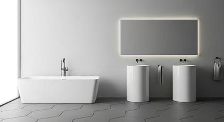 Modern minimalist bathroom interior with bathtub, sinks, and illuminated mirror