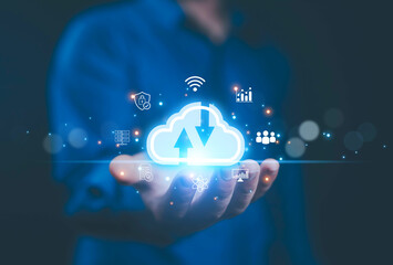 Cloud computing diagram showing cloud technology infographic icons and hand touch cloud in cloud...