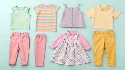 Colorful assortment of children's clothing including tops, pants, and a dress, arranged neatly on a pastel background, showcasing vibrant patterns and textures for fashion inspiration