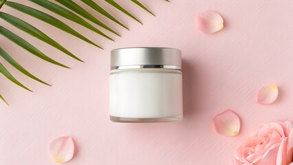 Cosmetic cream jar on pink surface, accented with rose petals and palm leaves, creating a fresh and elegant atmosphere for beauty and skincare marketing