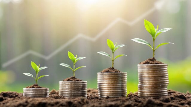 Soft focus image of growing plants on coins with overlay of rising financial graph indicating eco investment