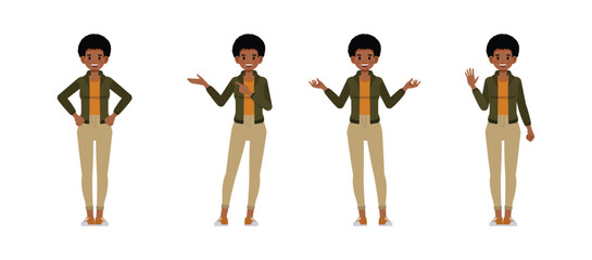 Businesswoman with afro hairstyle wearing green jacket character vector illustration design set. Woman working in office. Presentation in various action.