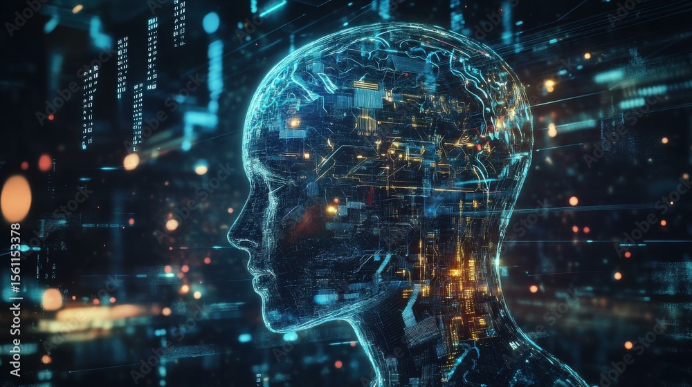 Poster Female adult in digital space with circuitry and data streams