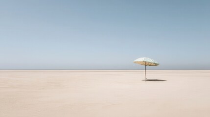Light-colored beach umbrella on a vast expanse of beige sand.