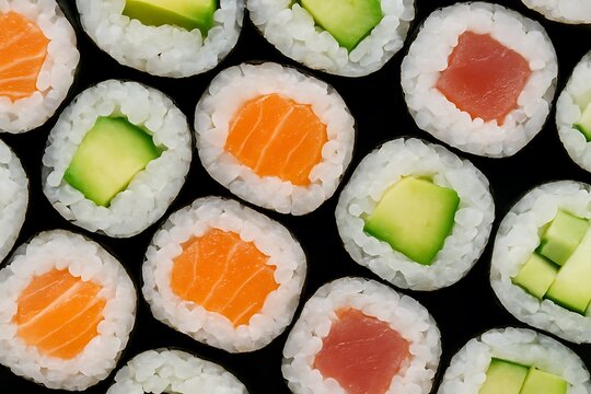 Closeup of assorted maki sushi rolls