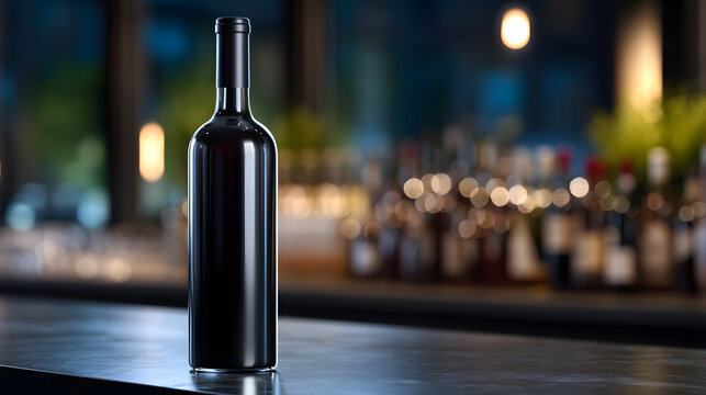 Red Wine Bottle on Bar: A single bottle of red wine stands elegantly on a bar counter, with a softly blurred background of other bottles and warm lighting. - Powered by Adobe