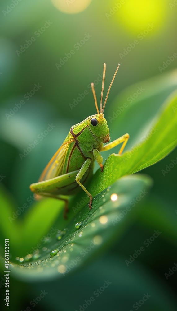 Poster grasshopper resting on dew-covered leaf in serene garden