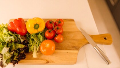木製カッティングボードの上に美しく配置された色鮮やかな新鮮野菜とシャープなナイフが織りなすヘルシーな料理準備の始まりを演出するキッチンの風景
