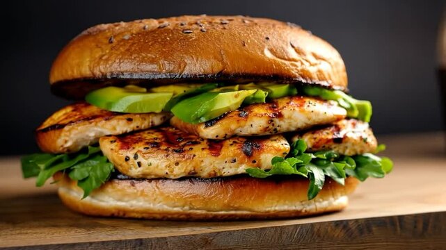 Close-up of a gourmet chicken sandwich on a wooden board. The sandwich features grilled chicken avocado and leafy greens. A dark background enhances the food's presentation