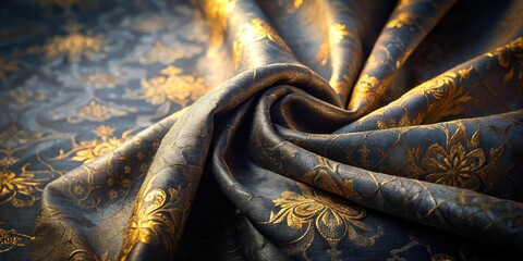 Luxurious Dark Fabric with Golden Floral Pattern Draped in Elegant Swirls and Folds, Showcasing Rich Texture and Detail