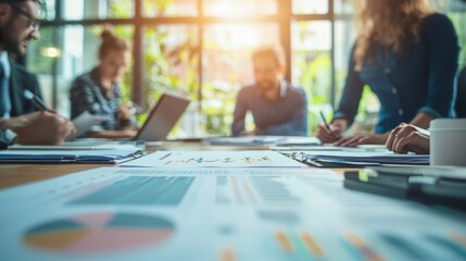 Meeting, discussion and business people with paperwork in office for review, budget report or project proposal.