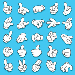 Set of retro human hands sign in gloves cartoon set illustration