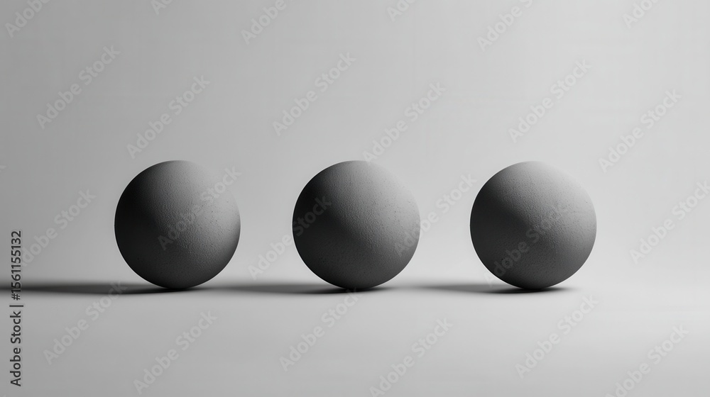 Poster Three gray spheres in minimalist studio setting during daytime