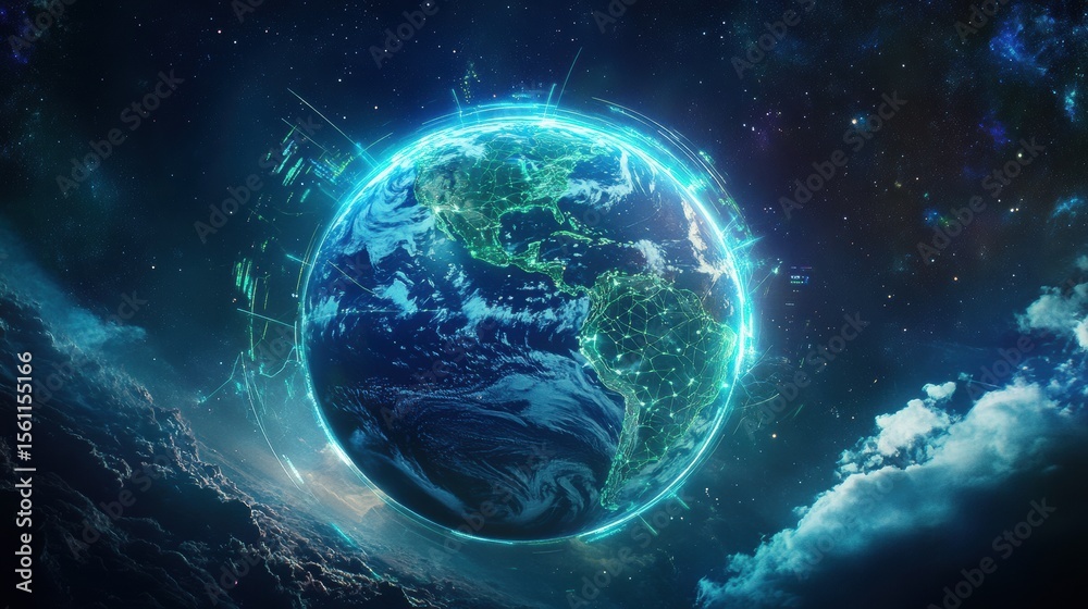 Poster planet earth illuminated with glowing connections in space