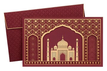 Elegant red and gold indian wedding invitation with taj mahal motif