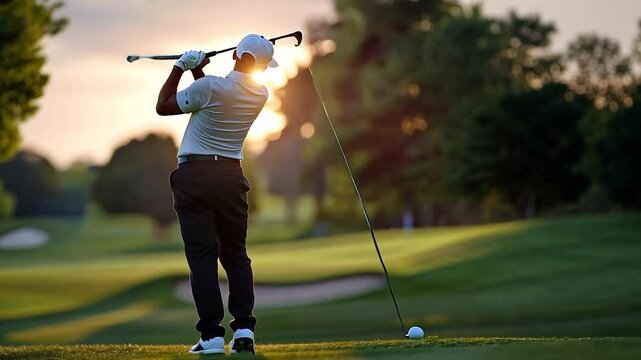 Golfer in white cap and gray polo shirt swings golf club on green course with sunset background and soft focus