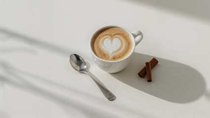 Warm Heart Latte: A beautifully crafted latte with heart-shaped foam art sits gracefully beside a spoon and cinnamon sticks, casting a warm shadow.