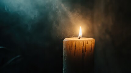 Burning candle with wax dripping in dark room at night