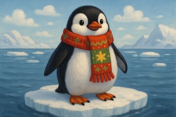 Obraz premium Festive Scarfed Penguin, Christmas, Penguin, Winter, Scarf, Snow, Ice, Xmas, Holiday, Cute, Festive, Christmas Spirit, Snowy Scene