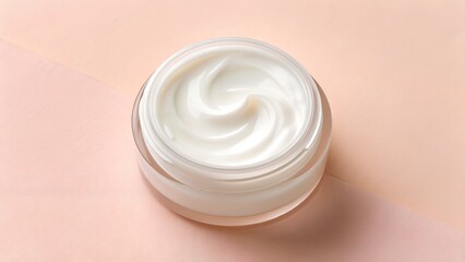 Moisturizing cream in a clear jar with a smooth swirl, placed on a soft pastel background, showcasing skincare product design and luxurious texture for beauty enthusiasts