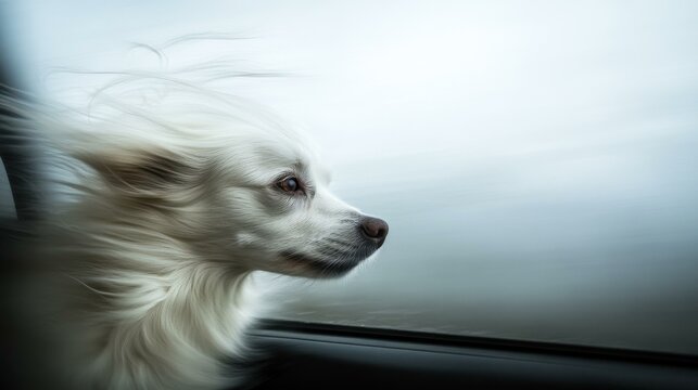 Spitz-type dog riding in vehicle with fur blowing in the wind