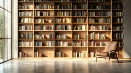 Modern home library with bookcase and chair, serene atmosphere