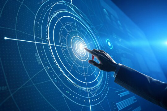 Hand touching a futuristic digital interface with glowing concentric circles and data visualization