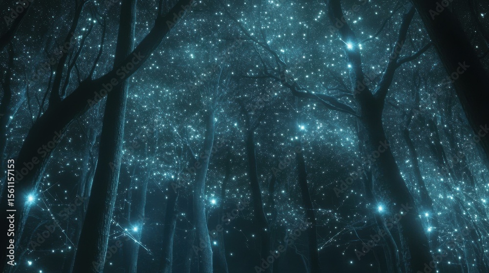Poster Enchanted forest with glowing lights illuminating trees at night