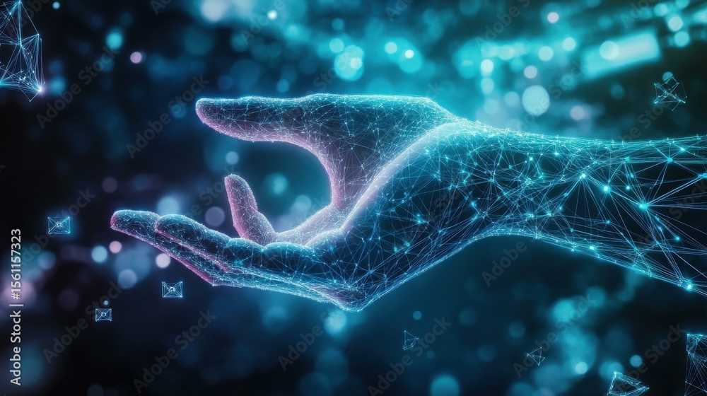 Poster hand offering small digital geometric shapes in abstract space