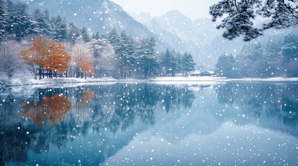 Serene Spring and Winter Landscape at Tibet Yungui Lake: Snow-Dusted Trees Grassy Meadows with Mountain Reflections in Blue-Green Palette